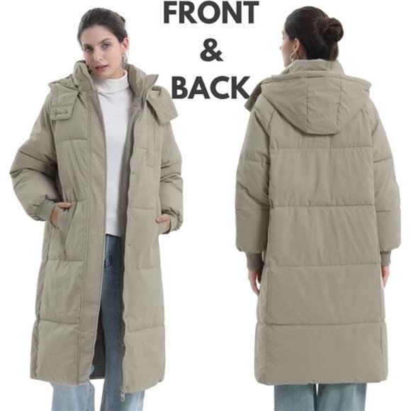 Long Puffer Jacket for Women, Khaki - Picture 2 of 6